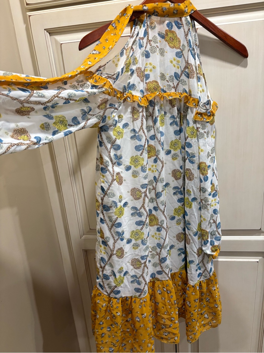 POL White Dress with Yellow Trim and Blue Floral Print cold shoulder